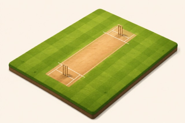 Isometric cricket pitch with crease markings and stumps at both ends